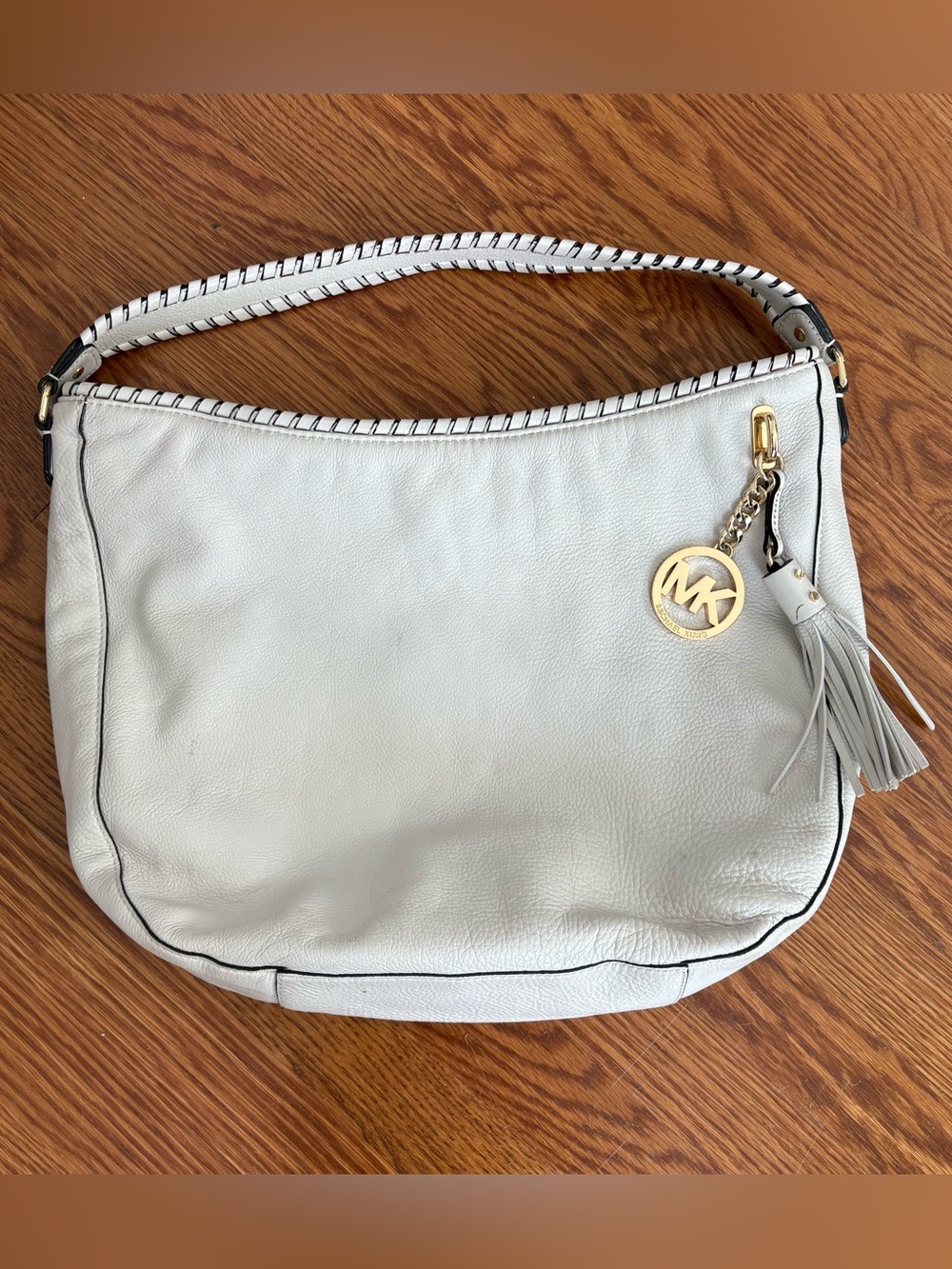 Michael Kors quiet luxury Cream Pebbled Leather Tassel Hobo Bag purse gold trim